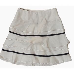 Reiss Linen Silk Tiered Skirt Beige Black Trim Ruffle A-Line Women’s UK 8 / US 4